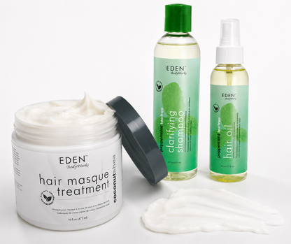 Image of EDEN BodyWorks Braid Recovery Kit consisting of Peppermint Tea Tree Clarifying Shampoo, Coconut Shae Hair Masque Treatment, and Peppermint Tea Tree Hair Oil