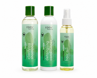 Image of EDEN Body Works Scalp Refresh Bundle containing Peppermint Tea Tree Clarifying Shampoo, Peppermint Tea Tree Detangling Conditioner, and Peppermint Tea Tree Hair Oil