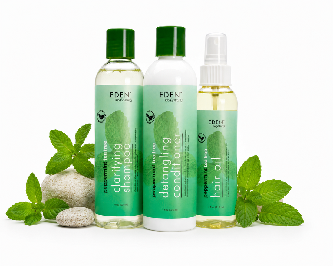 Image of EDEN Body Works Scalp Refresh Bundle containing Peppermint Tea Tree Clarifying Shampoo, Peppermint Tea Tree Detangling Conditioner, and Peppermint Tea Tree Hair Oil