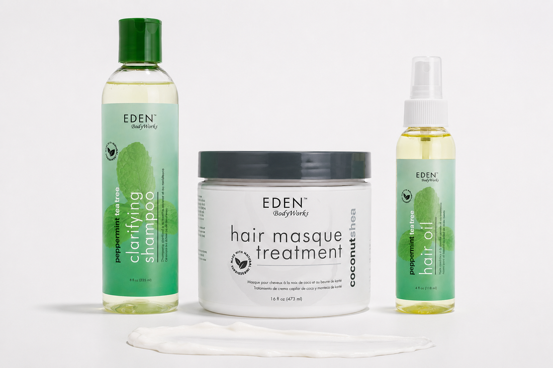 Image of EDEN BodyWorks Braid Recovery Kit consisting of Peppermint Tea Tree Clarifying Shampoo, Coconut Shae Hair Masque Treatment, and Peppermint Tea Tree Hair Oil