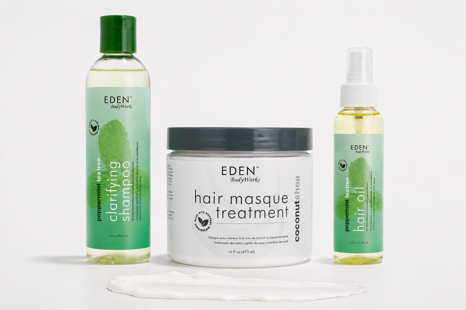 Image of EDEN BodyWorks Braid Recovery Kit consisting of Peppermint Tea Tree Clarifying Shampoo, Coconut Shae Hair Masque Treatment, and Peppermint Tea Tree Hair Oil
